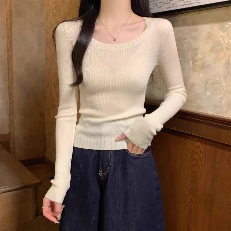 

Вязаный базовый слой из чистого кашемира во французском стиле с круглым вырезом, женский осенне-зимний слой со светром, пуловером и шерстью с длинными рукавами