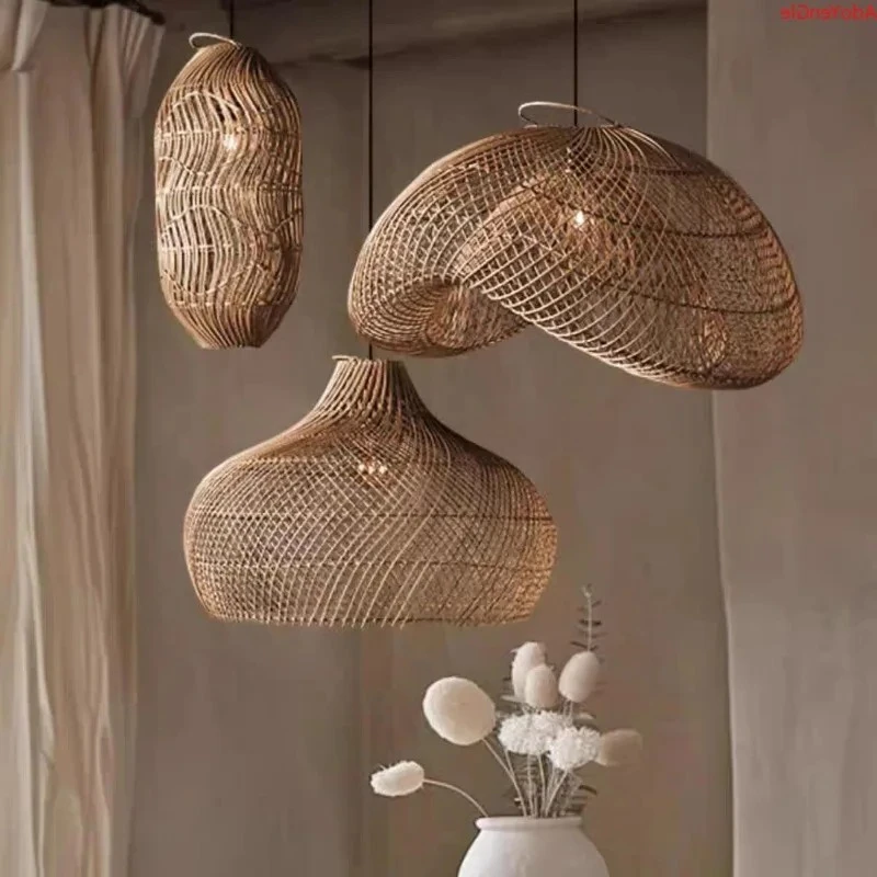 

Wabi Silent Wind Rattan Chandelier Chinese Hotel Restaurant Tea Living Room Bedroom Lamp Designer Vintage pendant light