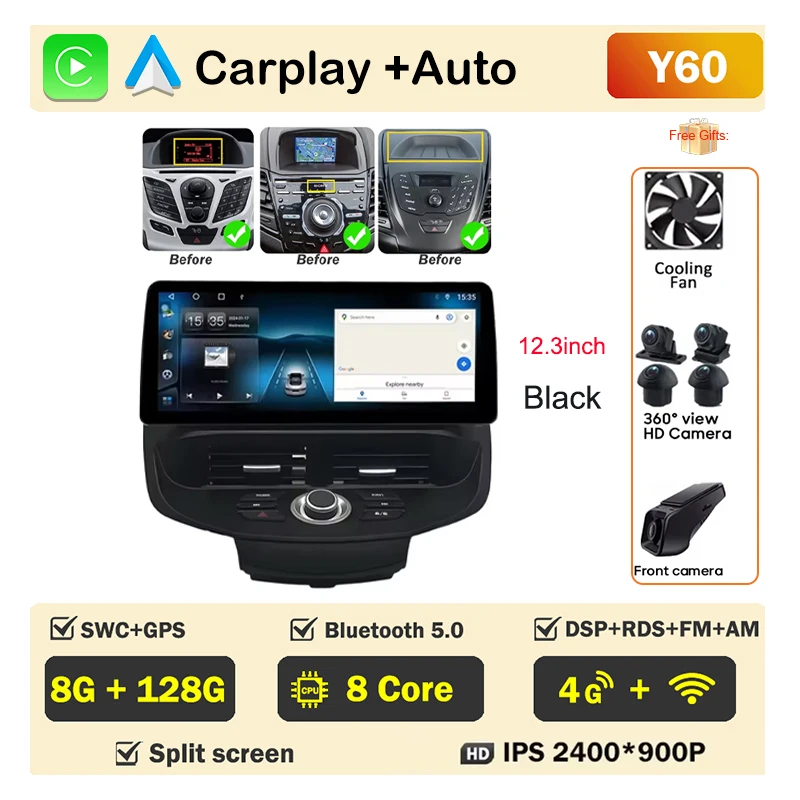 12.3 inch Autoradio Voor Ford Fiesta MK6 MK7 2009-2016 LHD RHD Android Multimedia Video Player GPS draadloze Carplay QLED Scherm