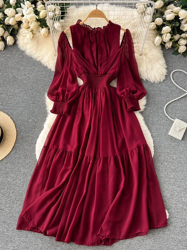 

Women French Vintage Elegant Sexy Wooden Pleat Bubble Sleeves Party Vacation Dress Summer High Waist Slim A-line Chiffon Robe