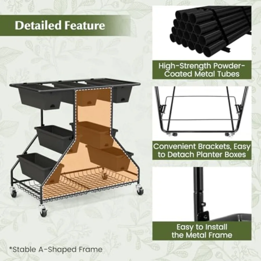 Elevated rolling garden bed for strawberries, vegetables, flowers, herbs; galvanized steel; black; 7 planter boxes, storage bas view 3