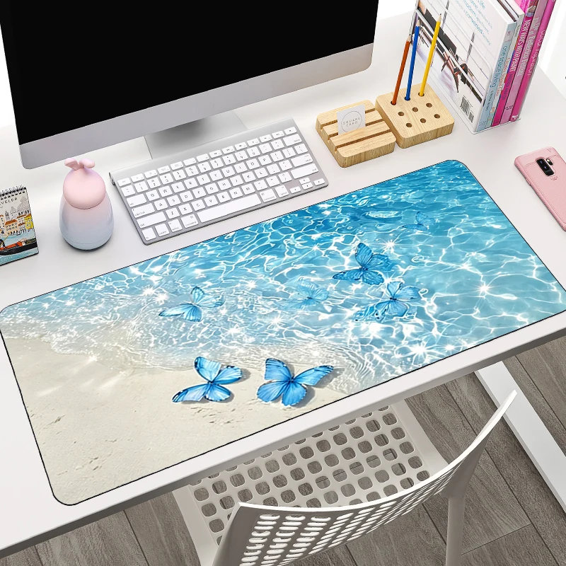 Blue Seawater Mouse Pad Large Gaming Keyboard Mat Cute Butterfly Computer Desk Mat kawaii Gamer Extended Mousepad For Best Gift