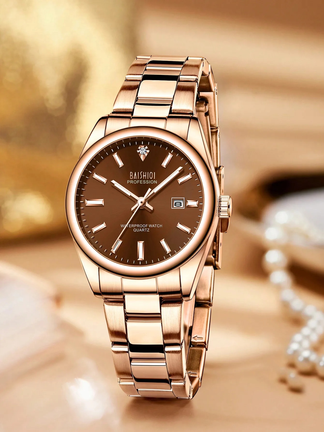 

Elegant Rose Gold Women's Quartz Watch with Brown Dial, Date Window, Stainless Steel Band