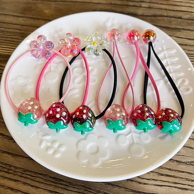 Colorful Strawberry Floral Hair Ropes Korean Style Twisted High Elasticity Ponytail Holders for Girls Children