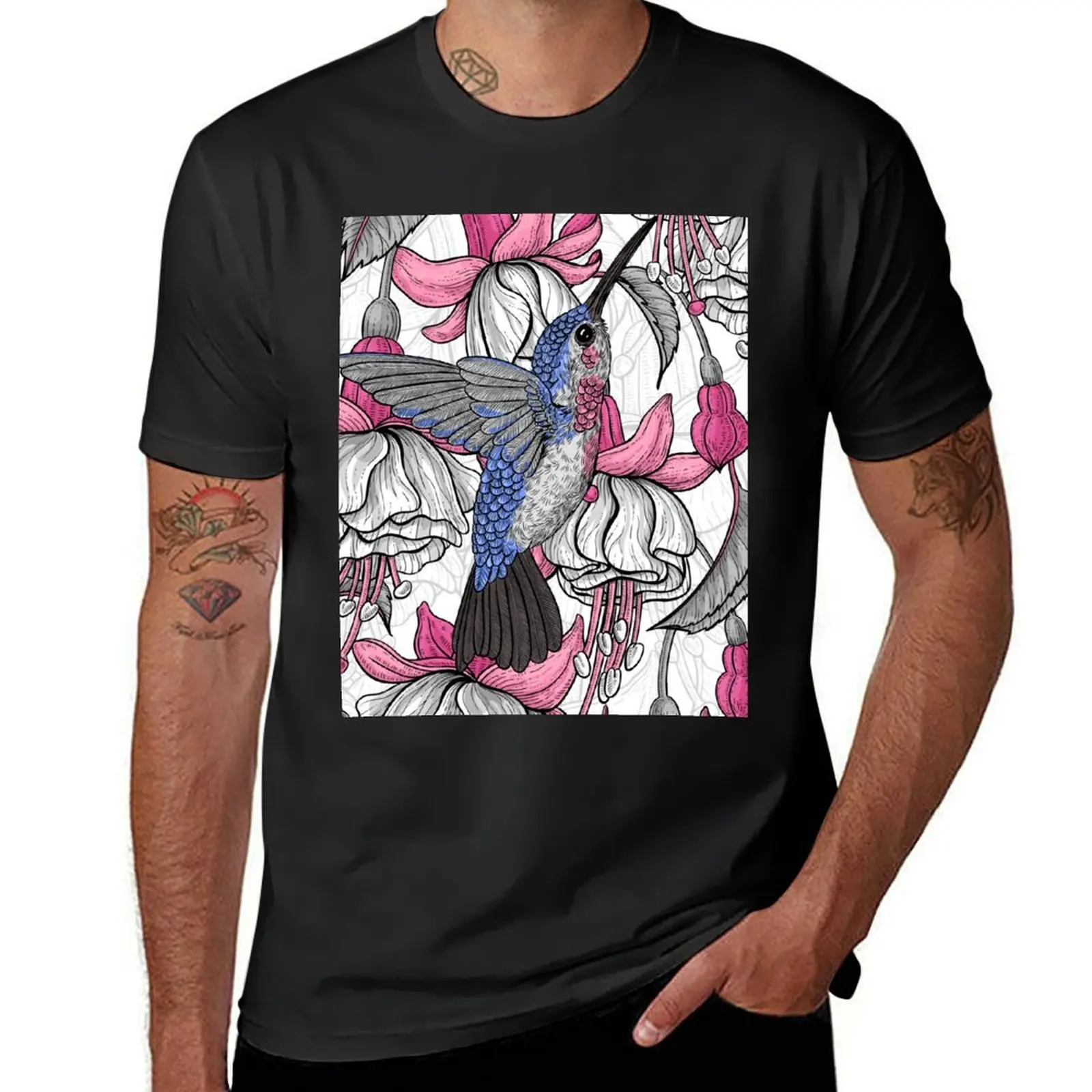 White fuchsia and hummingbirds T-Shirt tops summer clothes heavyweights men workout shirt