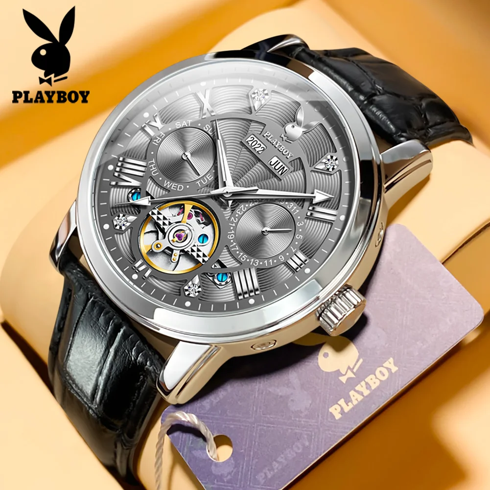 PLAYBOY Luxury Fashion Man Automatic Watch Leather Strap Business Waterproof Watches for Men Original Mechanical Wrist Watch Men