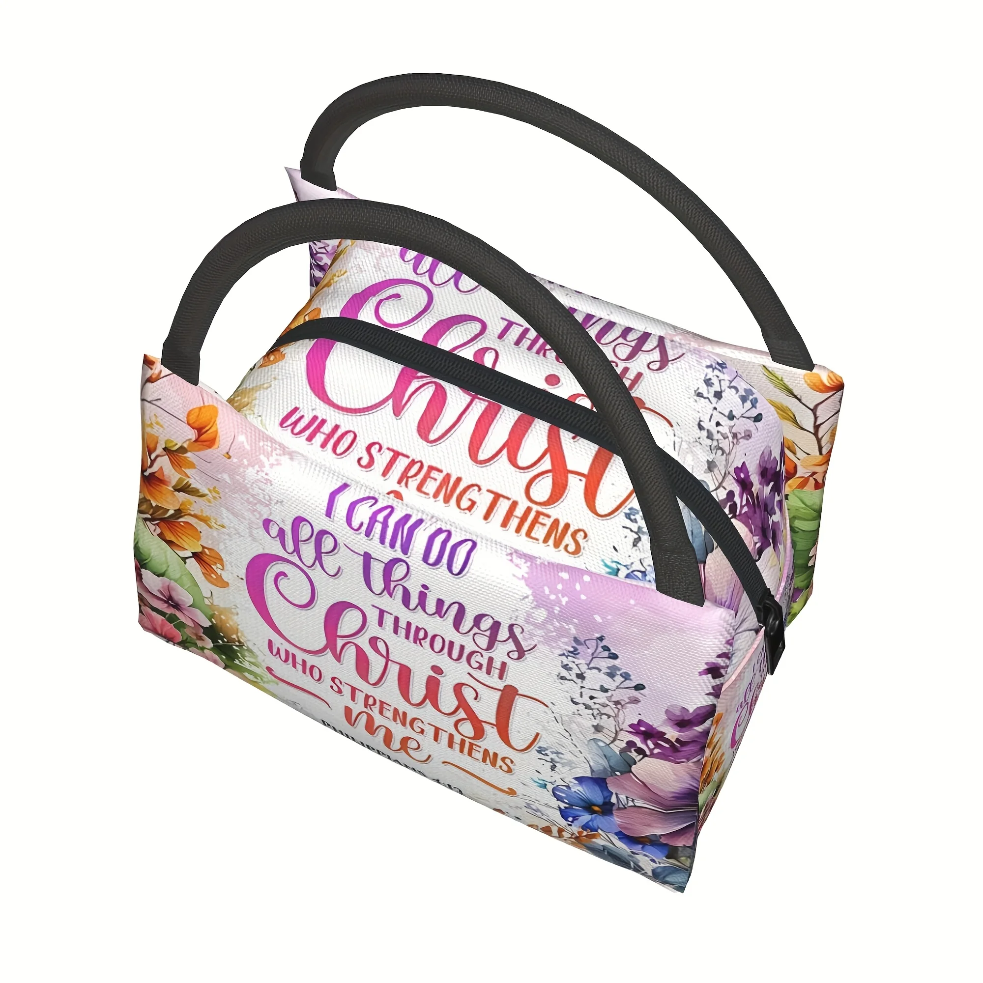 A Portable, Reusable Cooler Bag with a Colorful Floral Text Design, Perfect for Camping, Picnics, And Beach Outings