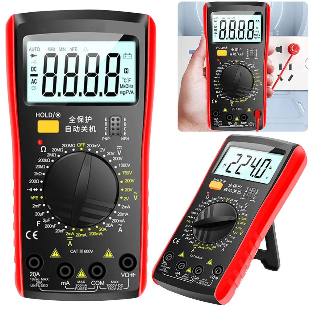 Digital Multimeter 1999 Counts Ohm Volt Amp Meter Auto-Ranging Diode Tester Measures Voltage Current Resistance Continuity