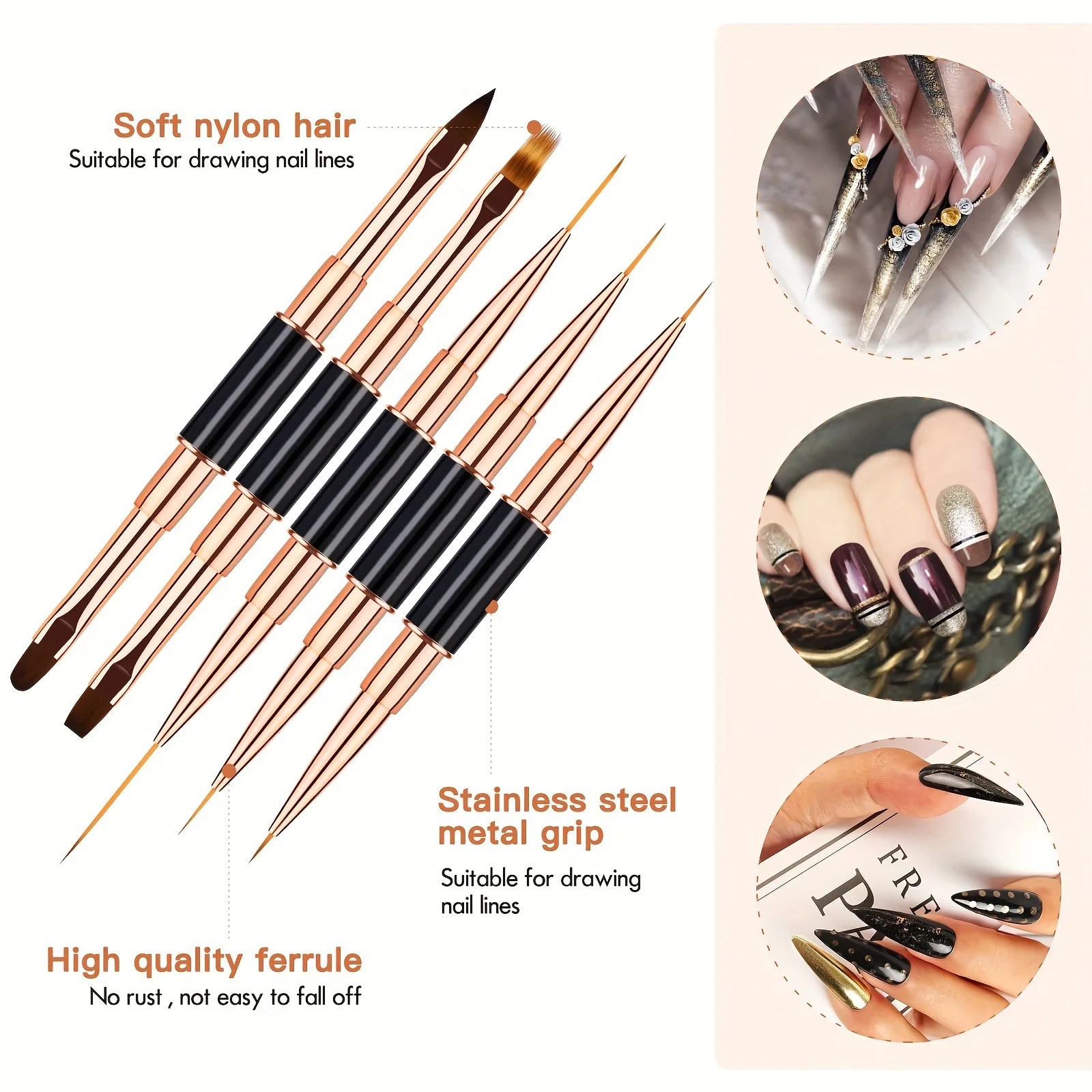 5-teiliges Doppelseitiges Nagelkunst-Pinselset mit Metallgriff und Roségold-Akzenten für Liner UV-Gel Malerei Schnitzerei Ombre 3D Maniküre-Werkzeuge – Detail 5