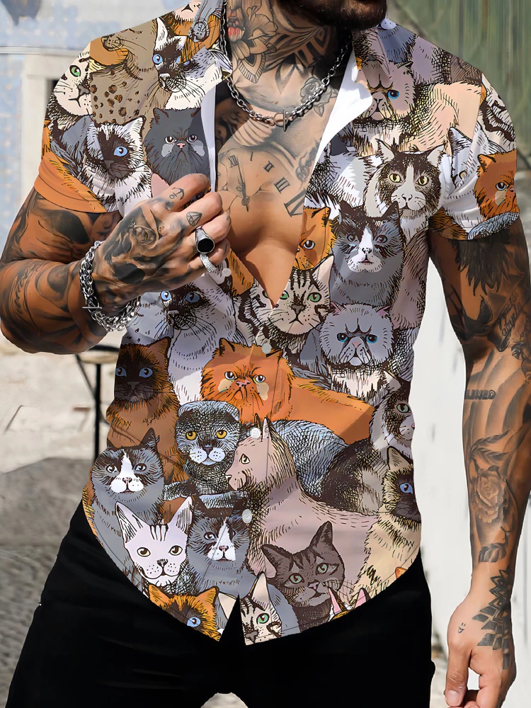 

Cartoon Cat 3D Digital Printing Short Sleeve Shirt Summer Loose and Comfortable Buttons Shirt Street Fashion Casual Men's Shirt