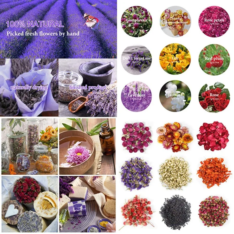 9 Bolsas de Flores Secas, Kit de Hierbas y Flores Secas 100% Naturales para Hacer Jabón, Fabricación de Velas, Baño - Incluye Pétalos de Rosa, Lavanda, Don't Forget Me, Lirio, Jazmín, Capullos de Rosa y Más, bolsas*7g