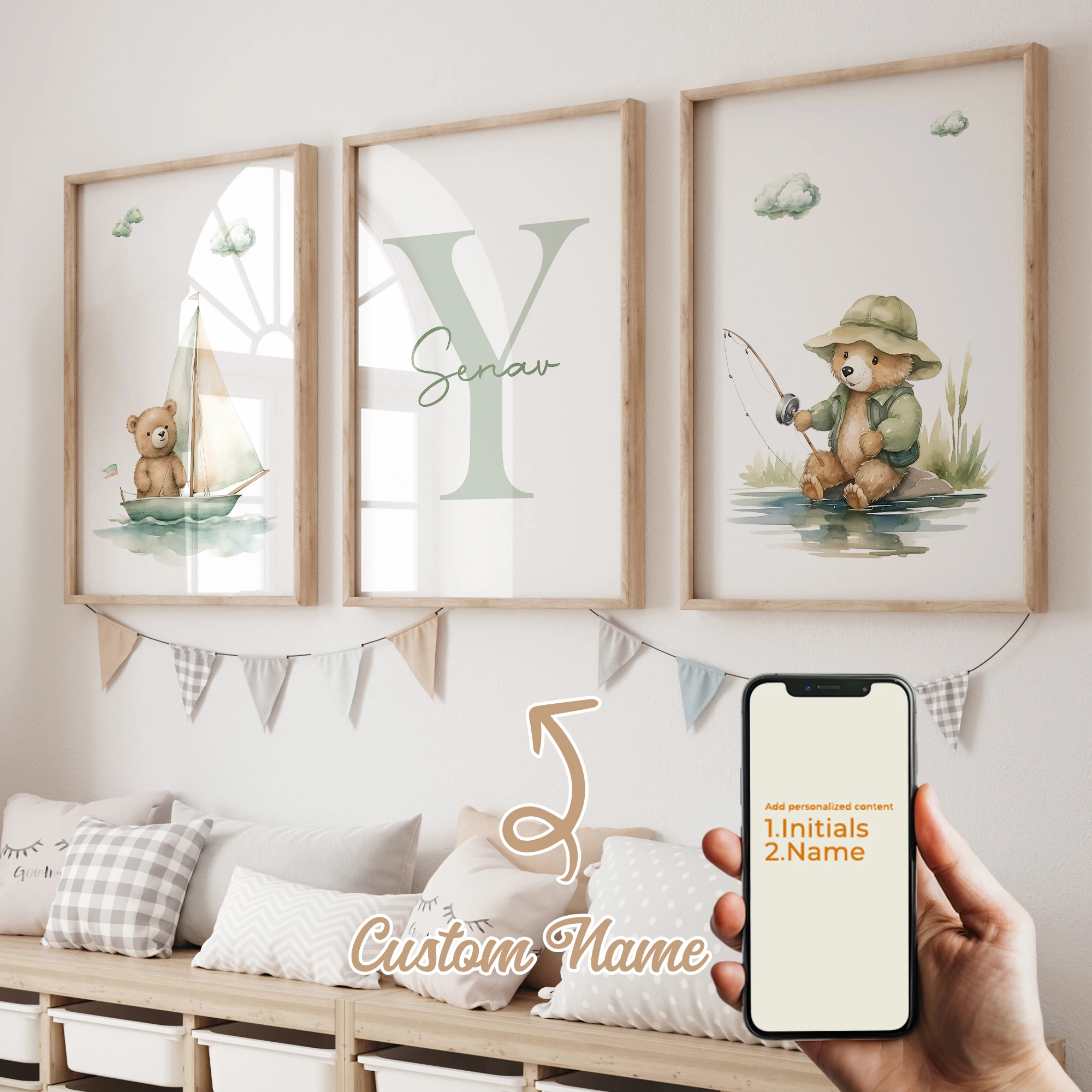 

3pcs Green Bear Sailing Fishing Name Customization Wall Art Prints Canvas Painting Poster Picture For Living Bed Room Home Decor