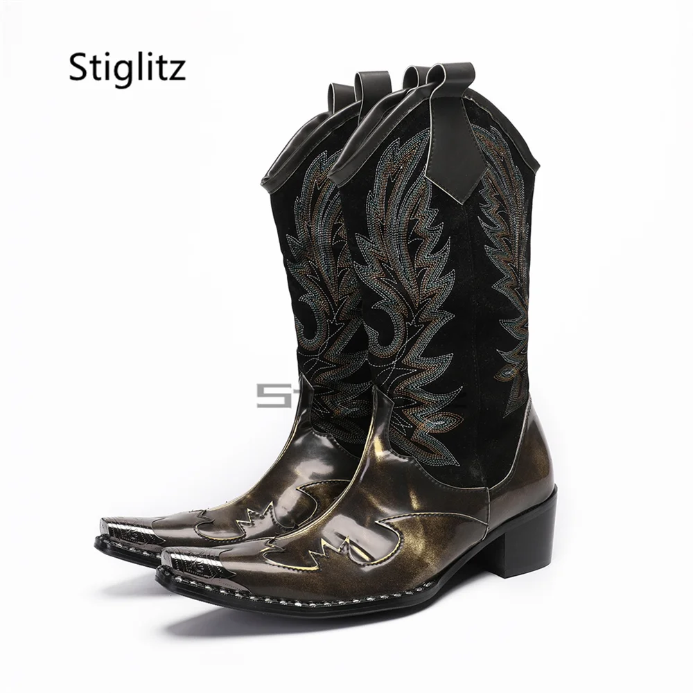 

Men's Embroidered Knight Boots Metal Pointed Toe Chelsea Boots Genuine Leather Patchwork 6Cm Heels Western Boots Male Shoes