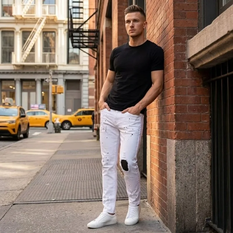 European American Mens High Street Jeans Trendy Patch Decor Stretch Straight Leg Casual Long Denim Trousers For Men