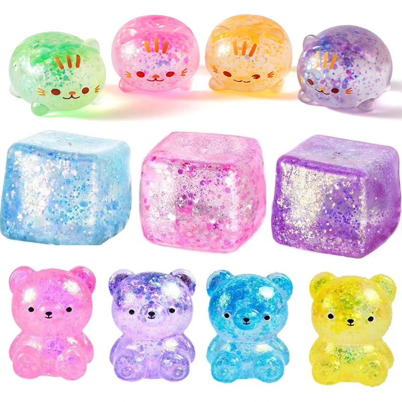 

Glitter Squishy Cube Stress Squeeze Toys Slow Rebound Maltose Ice Cubes Bear Squishy Axolotl Sequins Stress Ball Block Toys Gift