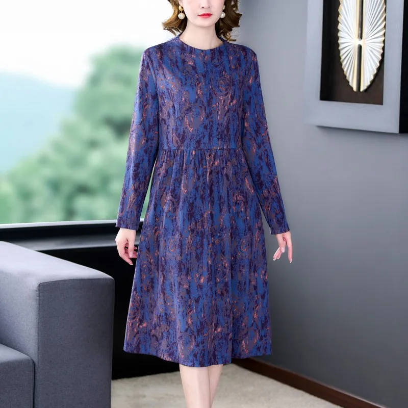 

2023 New Fashion Velvet Dress Women's Autumn And Winter Versatile Mulberry Silk Printed Dress French Loose Fit Casual Vestidos