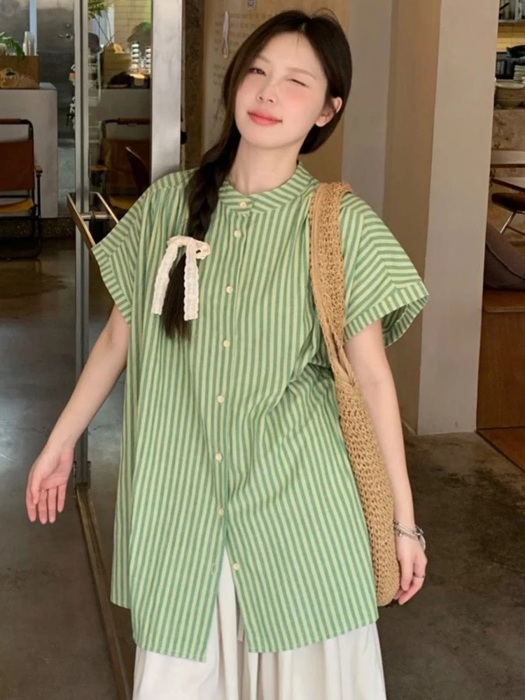 Zoki ผู้หญิง Retro สีเขียวลายเสื้อ Oversize หลวม O คอสั้นแขนเสื้อญี่ปุ่นเสื้อ Harajuku สบายๆฤดูร้อน Preppy สไตล์เสื้อ