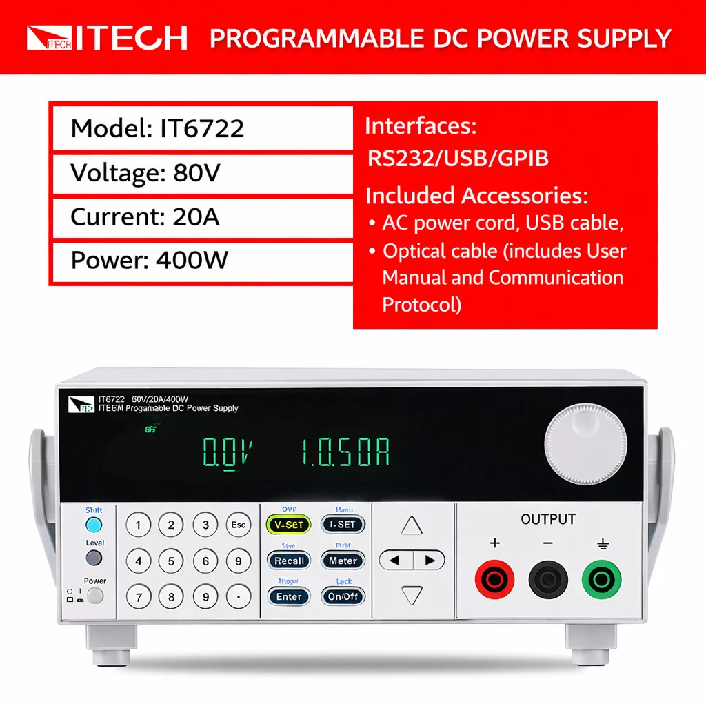 

Программируемый источник питания постоянного тока ITECH IT6722 | 0-80 В, 0-20 А, 400 Вт, высокоточный USB-интерфейс 10 мВ/10 мА