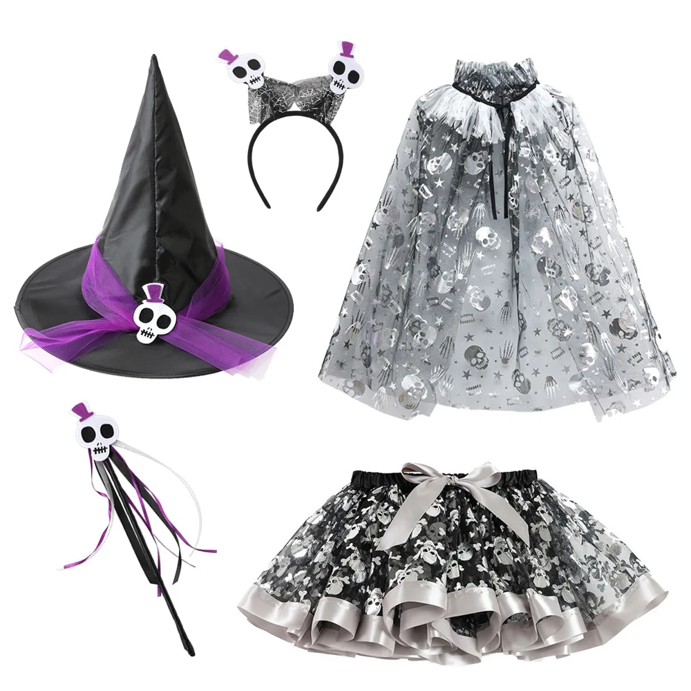 Girls Halloween Witch Costume Sets Tutu Skirt With Hat Broom Headband Cloak Elf Props Pumpkin Print Witch Party Dress Up Clothes - Image 4