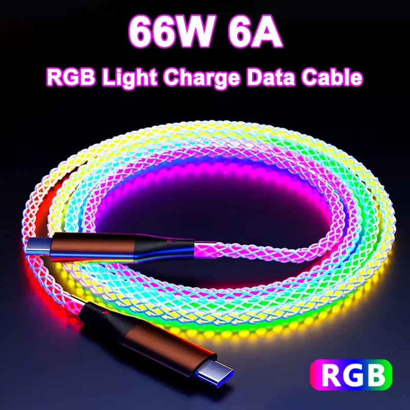 RGB Fast Charging Cable USB-A To Type C To Type C 66W Glowing Phone USB C Wire For iPhone16 15 Xiaomi Samsung POCO PD Data Cord