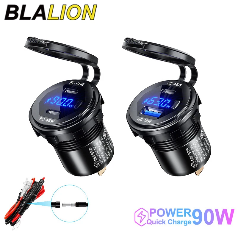 BLALION 90W Quick Charge Car Charger Dual PD Ports Phone DC 12V/24V Power Adapter with LED Voltmeter Charger Socket Accessories