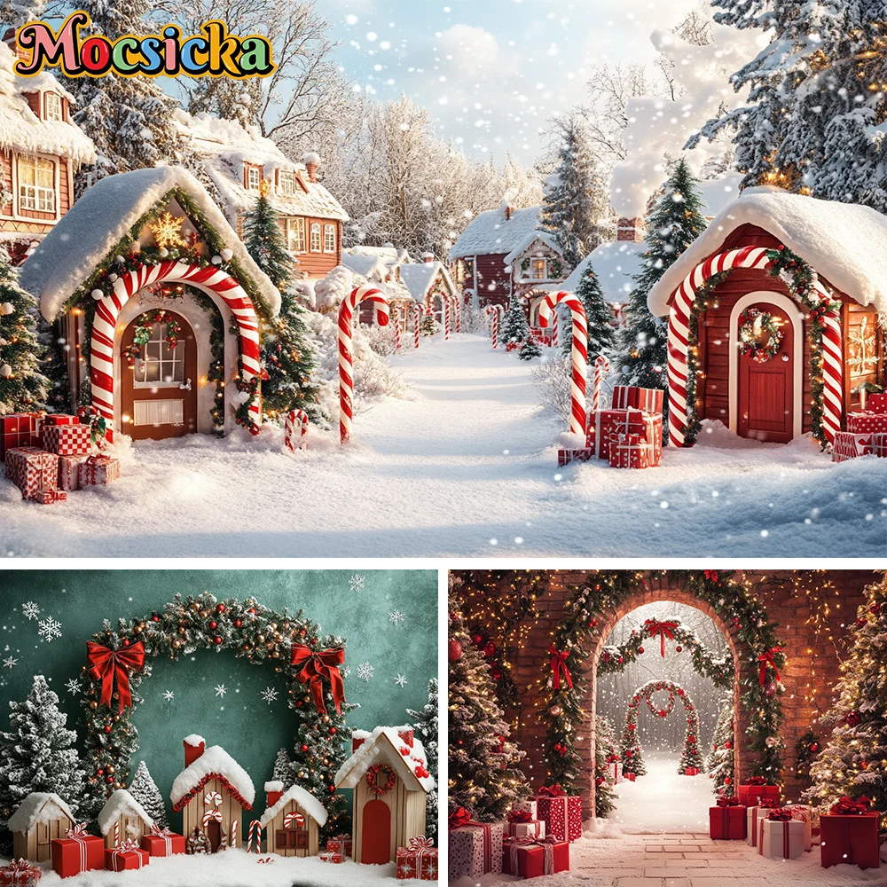 

Winter Christmas Photography Background Arch Door Xmas Tree Chic Wall Gift Indoor Decor Banner Kids Portrait Photocall Backdrops