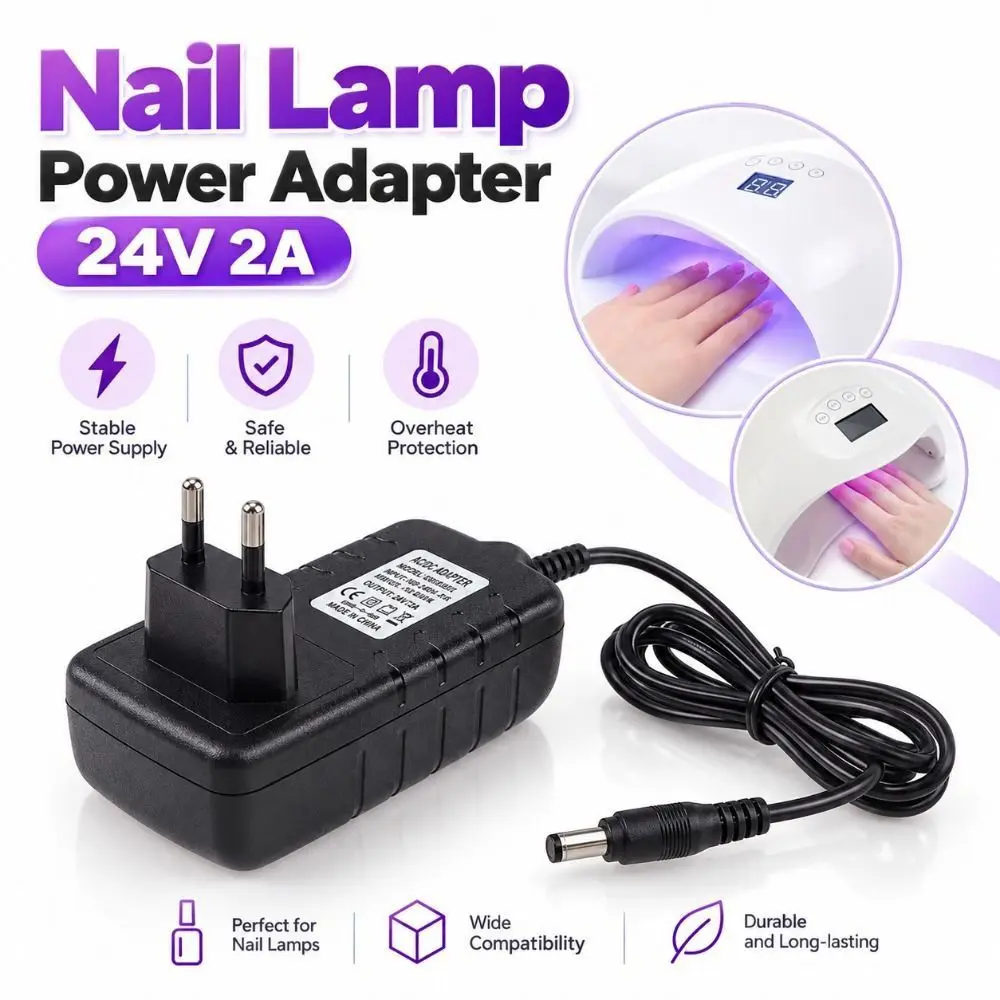 New 24V 2A Nail Lamp Power Adapter Black Regulated Output UV LED Lamp Adapter Interchangeable Plug DC Charger UV LED Nail Dryer