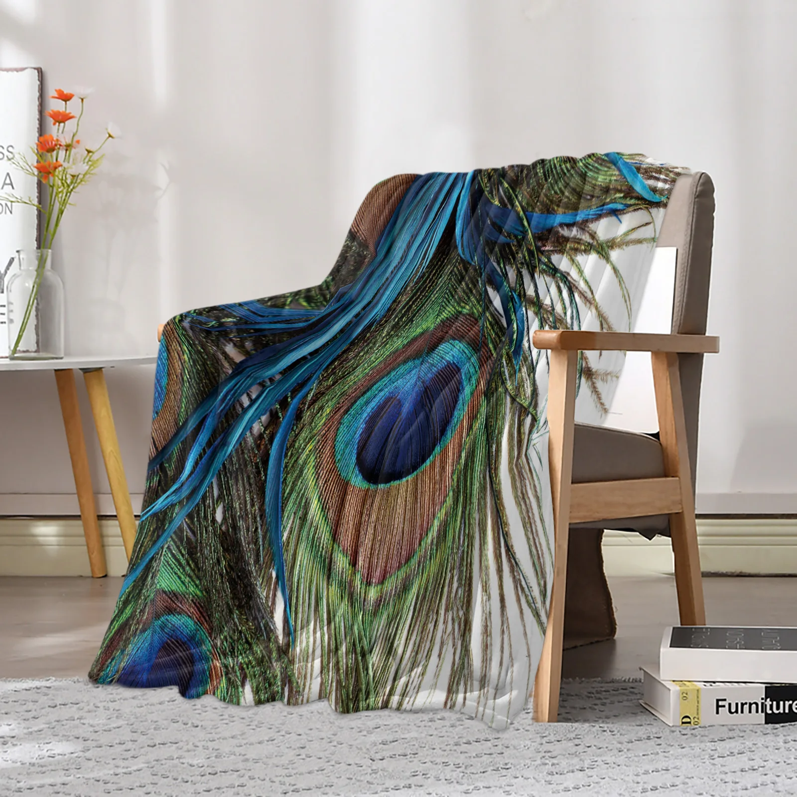 Peacock Feather Art Printed Throw Blanket Flannel Fleece Blankets Warm Soft Throws for Sofa Couch Bed Bedroom Bedspread