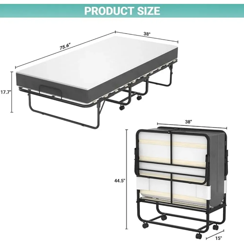 75” X 38” Folding Bed with Mattress, Guest Bed on Wheels and Memory Foam Mattress, Cot Size Bed, Adults Portable Rollaway Bed