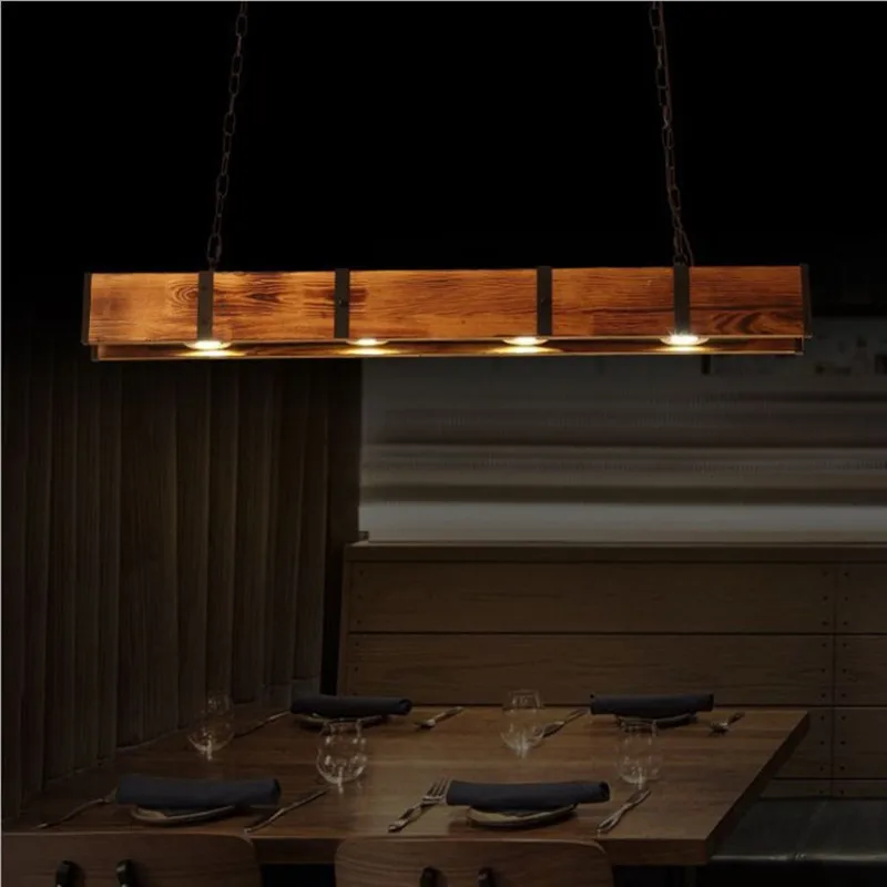 American Industry Long Strip Wooden LED Pendant Lamp Retro Metal Chain Sling Restaurant Kitchen Cafe Atmosphere Lighting Fixture
