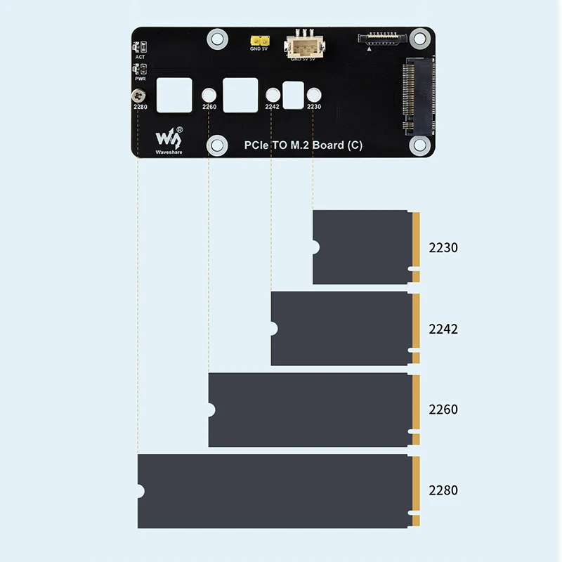 Placa PCIe a M.2(C) Lectura y escritura de alta velocidad para Raspberry Pi 5 2280 / 2260 / 2242 / 2230 tamaño Protocolo NVMe SSD M.2