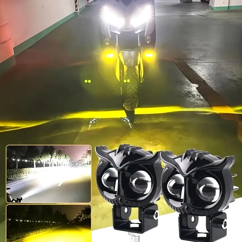 Dual Color Motorcycle Headlight Owl Design 3 Modes Auxiliary Spotlights Motorbike Scooter Fog Lamp Running Lights