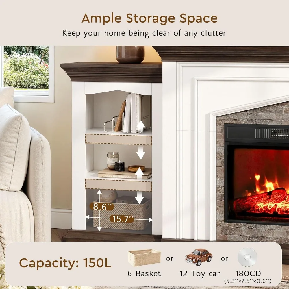 Large 80 Inch Fireplace TV Stand with Electric Heater, Rustic Farmhouse Style Entertainment Center, Storage Included for TVs up