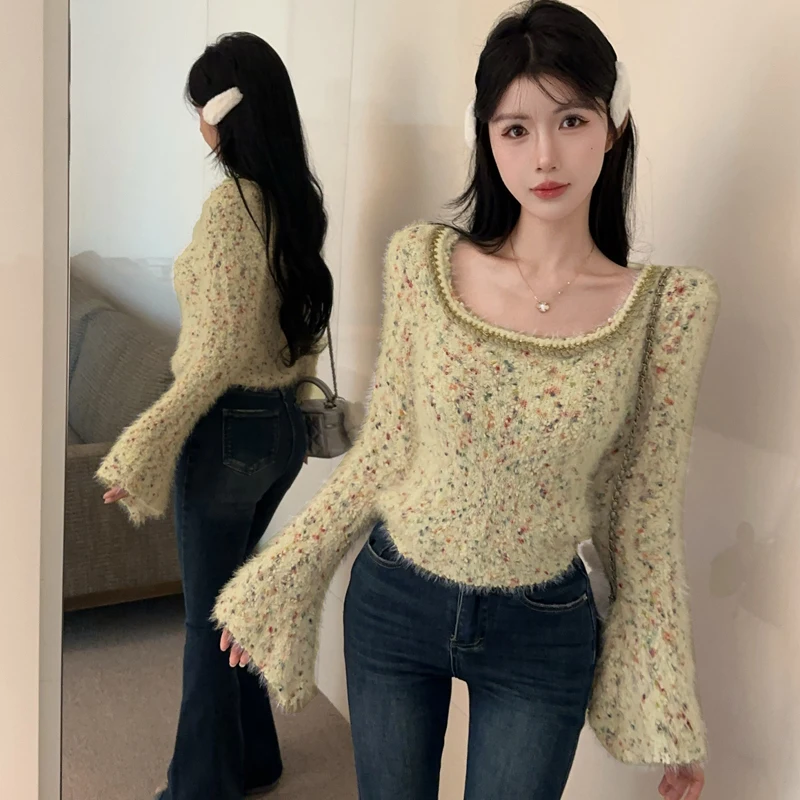 가을 우아한 패션 달콤한 밍크 니트 탑 한국 여성 빈티지 플레어 긴 소매 슬림 섹시 풀오버 스웨터