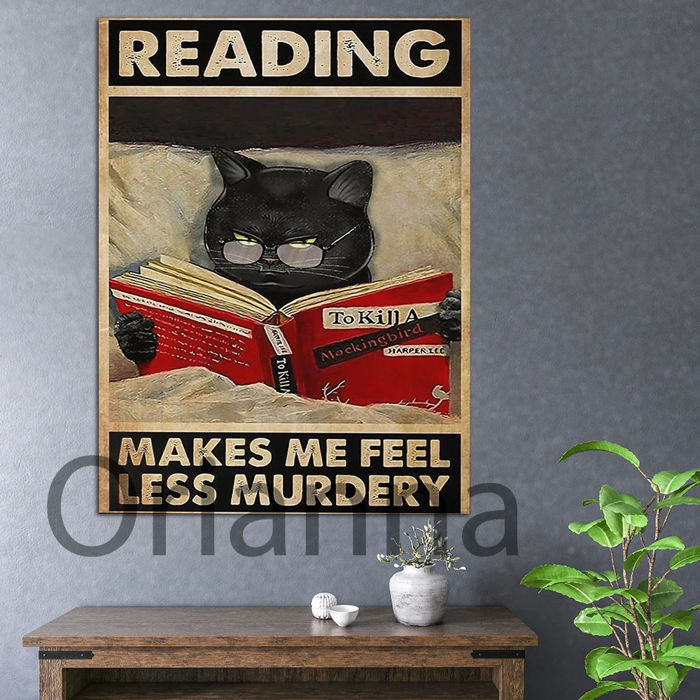 

Hd Print Reading Makes Me Feel Less Murdery Book Canvas Painting Vintage Poster Home Decor Funny Cat Wall Art Girl Love Reading