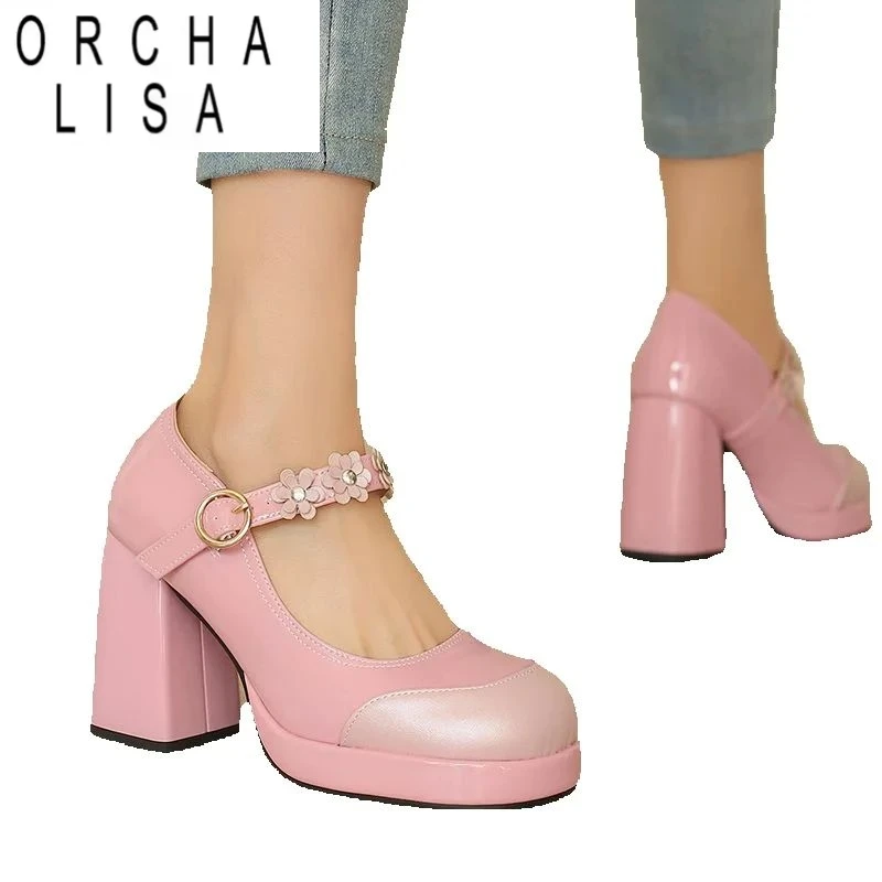 

ORCHA LISA 2025 Новые женские туфли-лодочки с круглым носком на блочном каблуке 9,5 см на платформе 2 см с цветочной пряжкой и ремешком Mary Janes Sweet Shoes 40 41 42 43