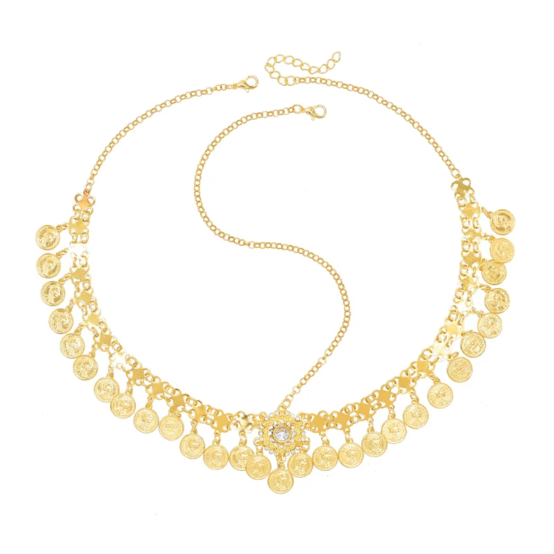 Golden Women Hair Jewelry Charms Pendant Coin Tassel Rhinestones Chains Headband Statement Arab Ethnic Hair Jewelry Female