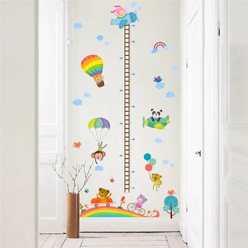 Lovely Animal Hot Air Balloon Growth Chart Wall Stickers Kids Room Decoration Children Height Measure Mural Art Diy Home Decal