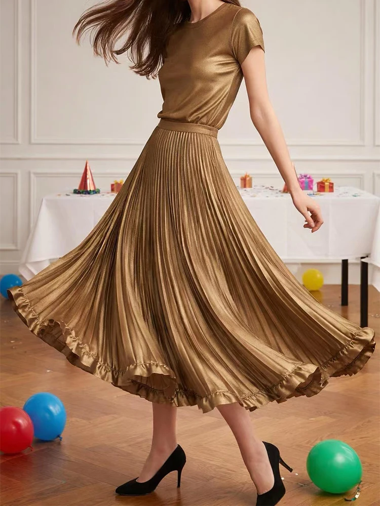 

Classic Retro Pleated Skirt for Women Acetate Satin Spring Summer 2026 Chic Commuter OfficeLady Stylish Petal Fungus Half Skirt