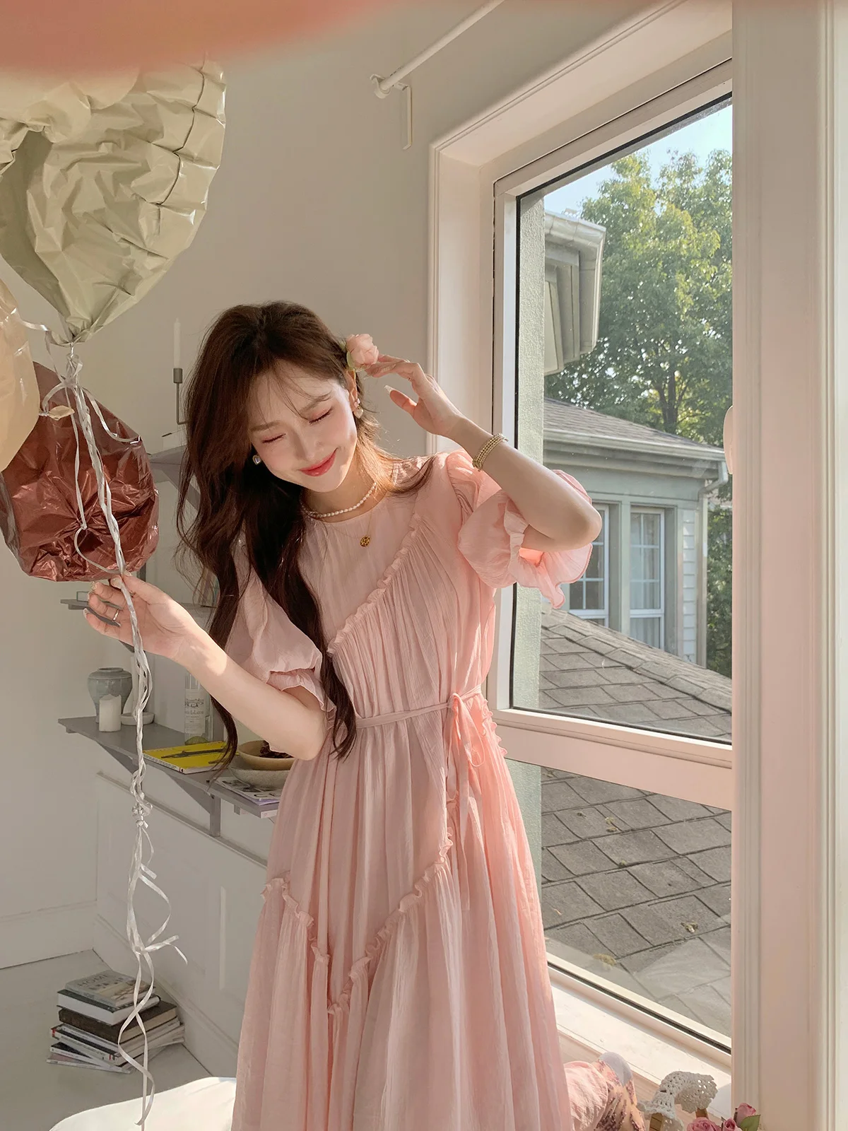 

Летняя женская длинная юбка DbyDoi с высокой талией, пышная, присборенная, утягивающая, в французском стиле, с круглым вырезом