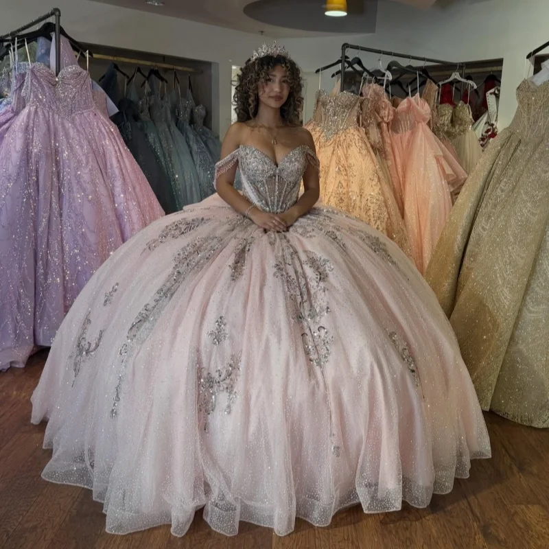 

Light Pink Quinceanera Dresses Off the Shoulder Glitter Crystal Decal Long tail Bow Vestidoe 15 Quinceanera Customize