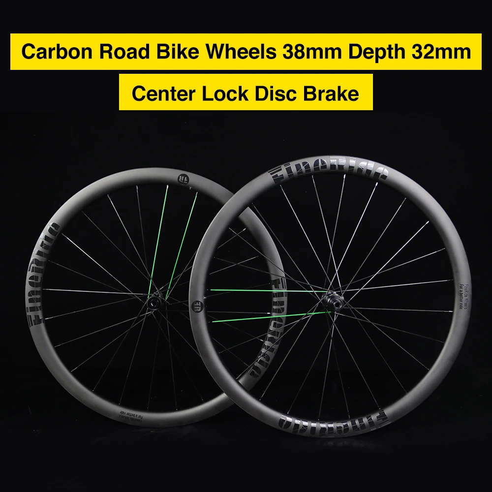 

FineRide 700c Carbon Road Bike Wheelset Green Spokes Center Lock 36T Ratchet System Steel Bearing Tubeless Ready Wheels