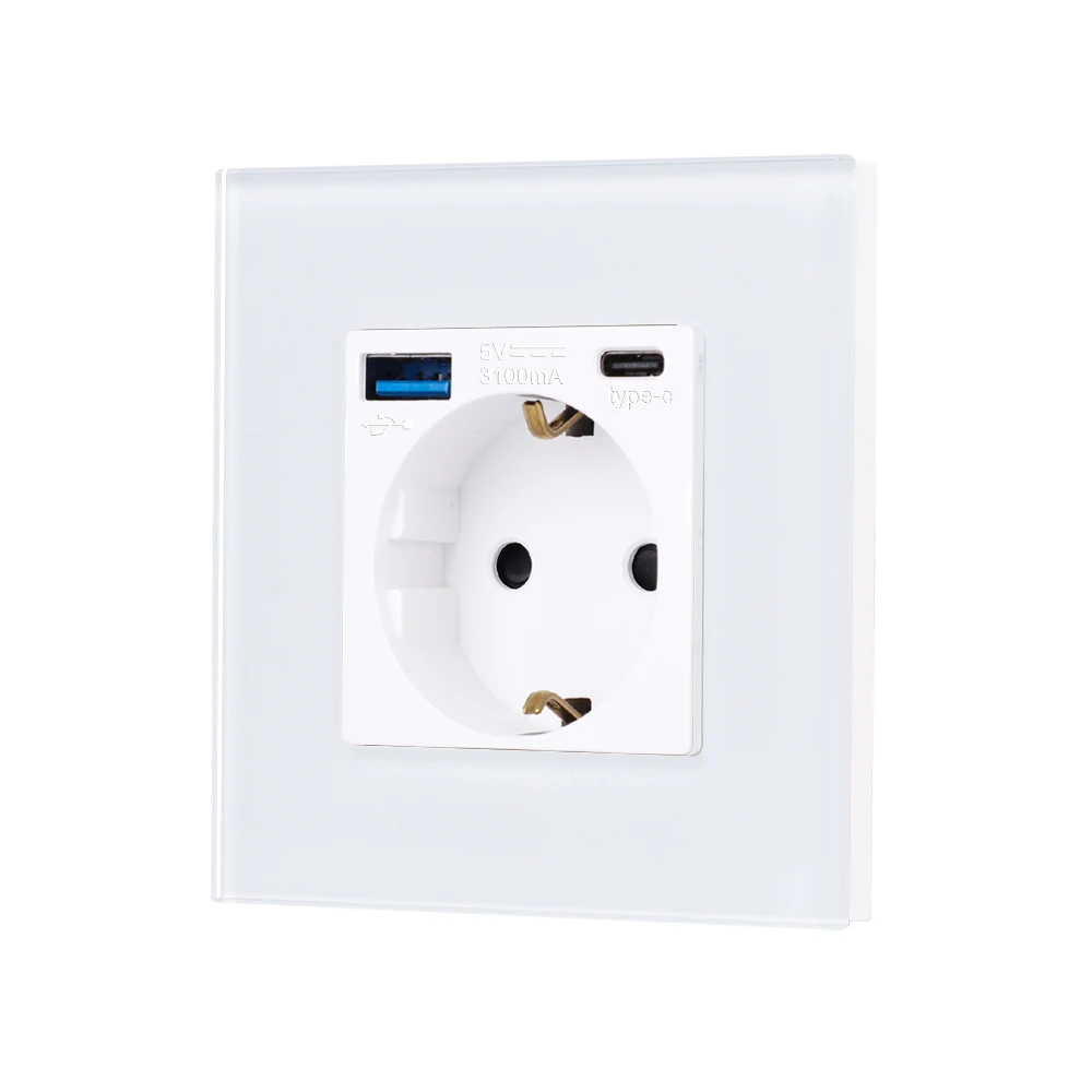 Bingoelec EU Standard USB Wall Power Sockets Type-C Electrical Outlets Wall Socket USB Charge Port Glass Panel 20W 3.1A 16A