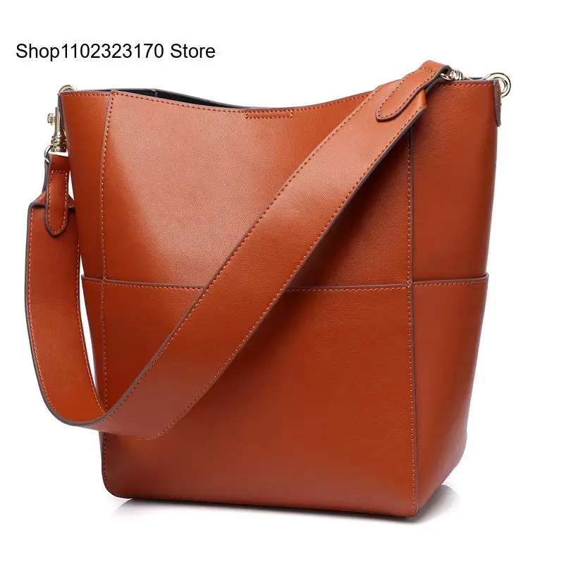 Genuine Leather Large Capacity Single Shoulder Crossbody Tote Bucket Bag for Women