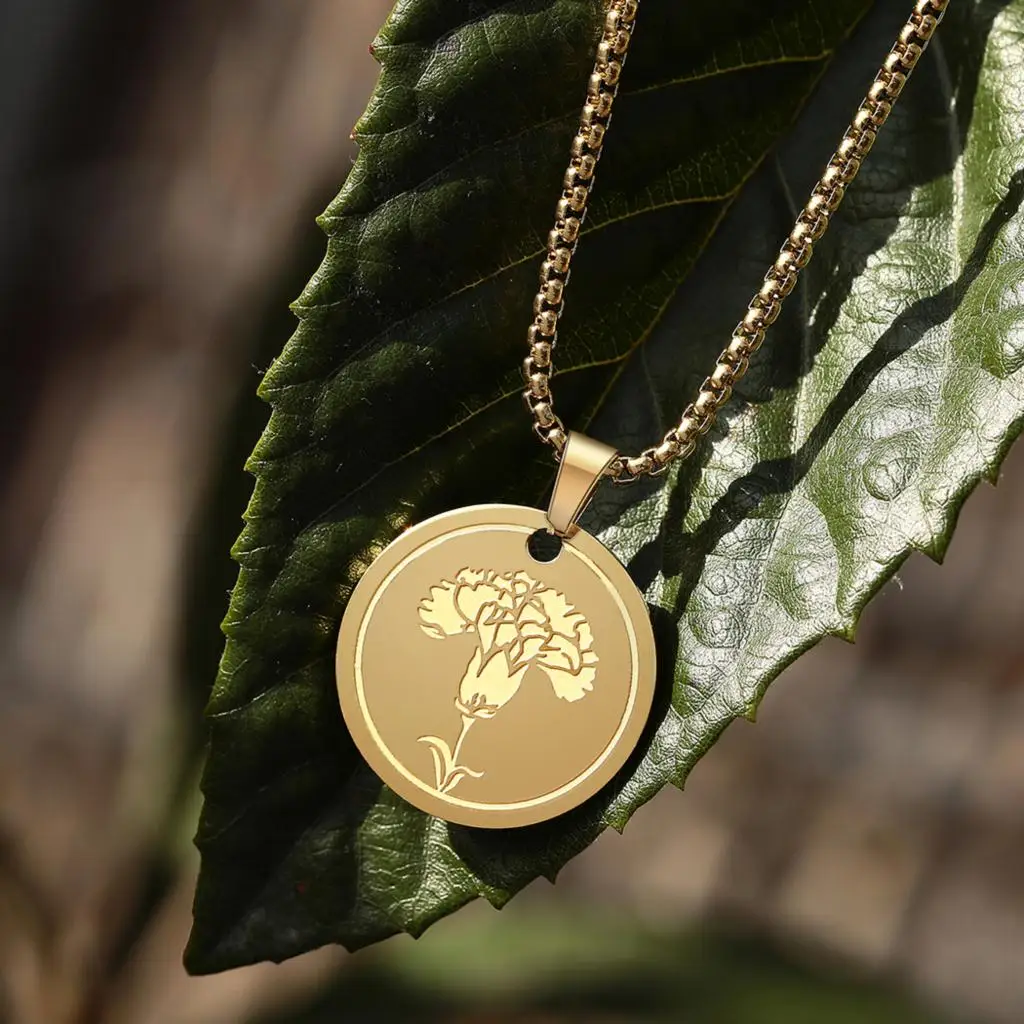 QIMING Stainless Steel Round Carnation Pendant Necklace Fashion Necklace for Men and Women Birthday Gift