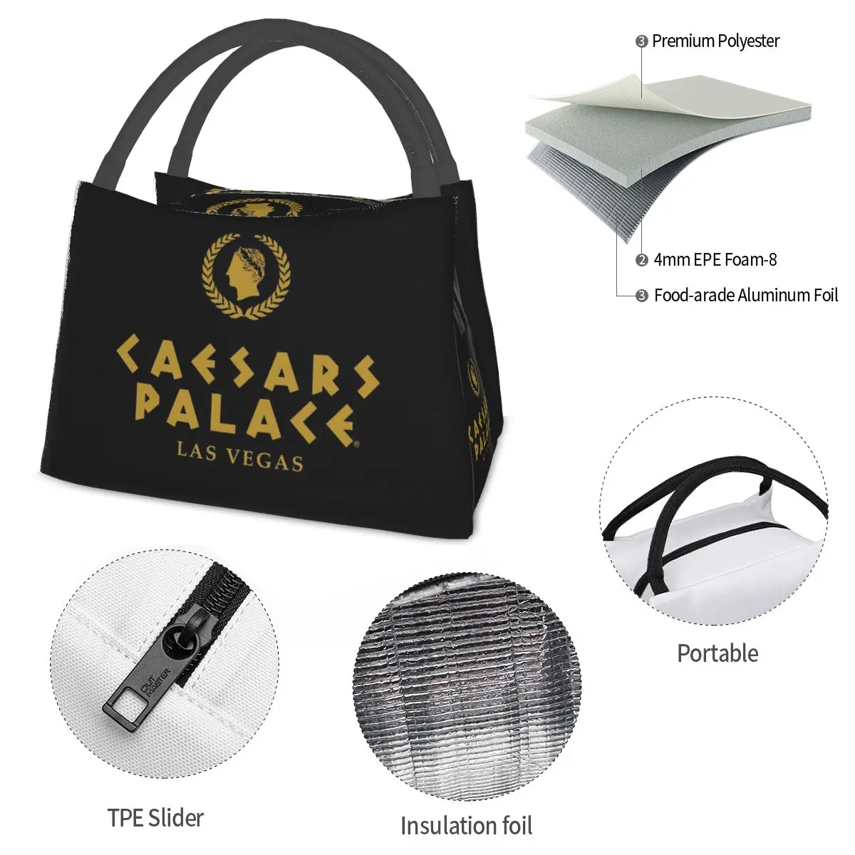 Caesars Palace Lunch Bags Insulated Bento Box Leakproof Lunch Tote Picnic Bags Cooler Thermal Bag for Woman Student School