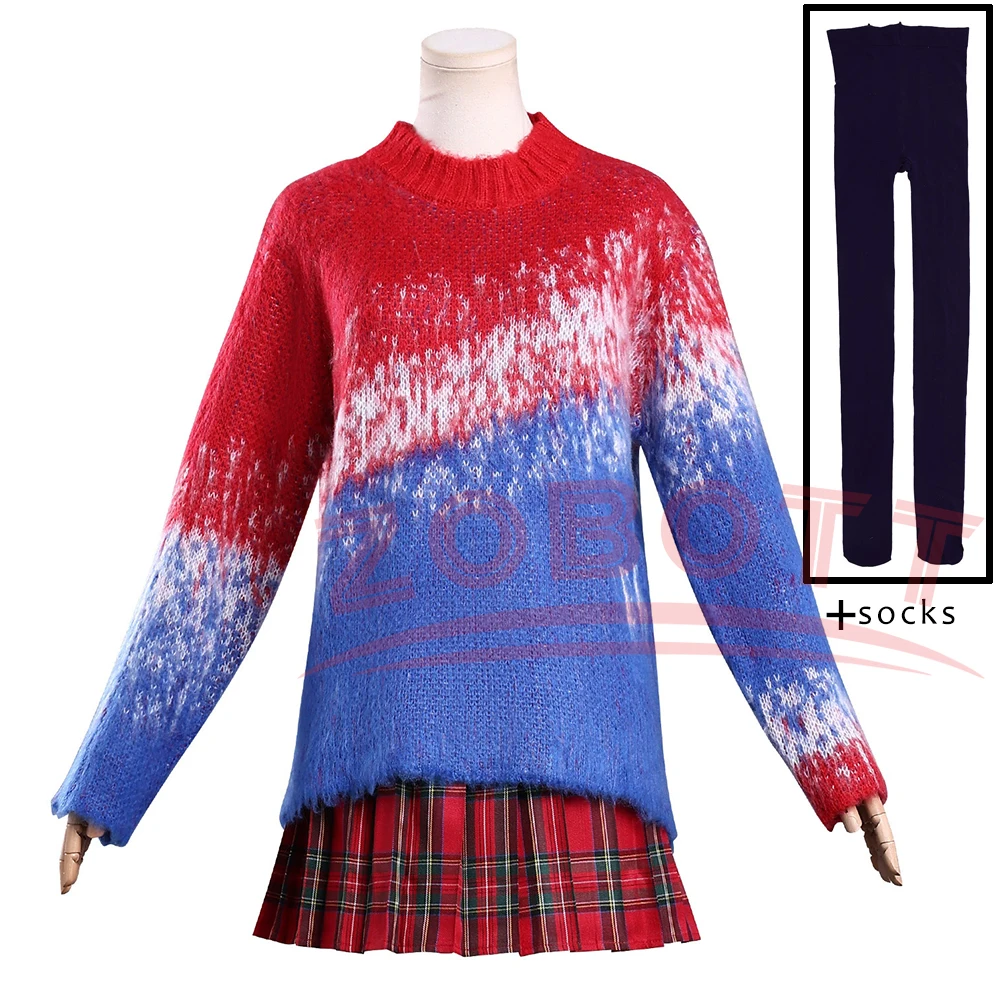 

Enid Cosplay Costume Y2K Gradient Color Wweaterr Halloween Campus-Style Outfit Adults Clot Sweater Skirt Sock Accessories Women
