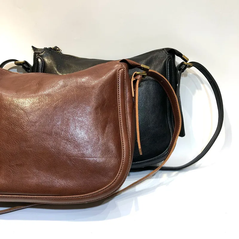 Vintage Natural Leather Messenger Bag Simple Women Crossbody Bags Vegetable Tanned Cowhide Single Shoulder Bag Female Purse Tote