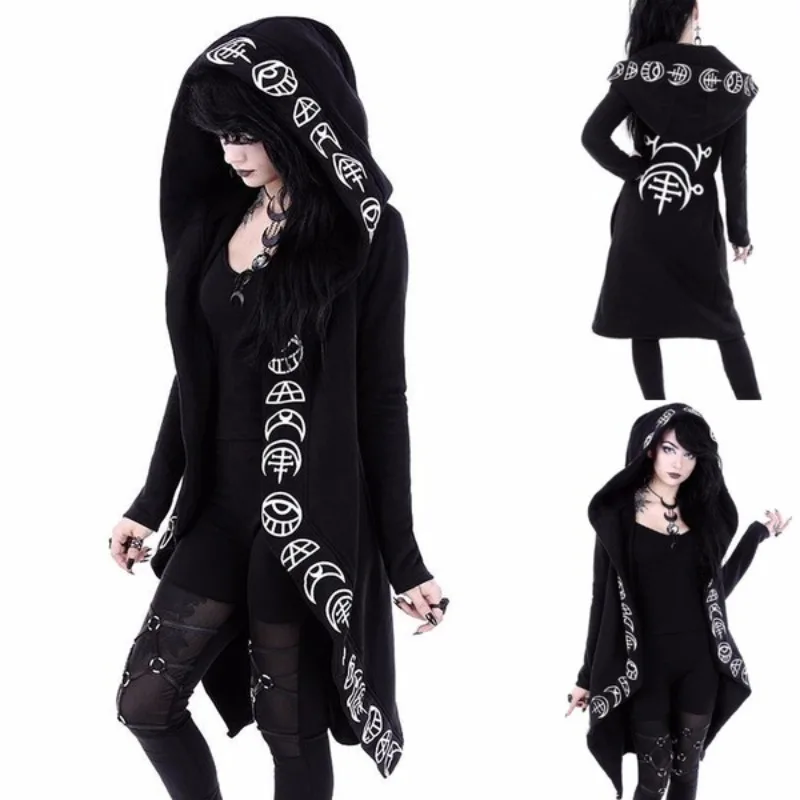 Gothic Punk Long Hoodies Women Sweatshirts 2023 Halloween Moon Print Long Sleeve Streetwear Women\'s Loose Coat Hooded Cardigan