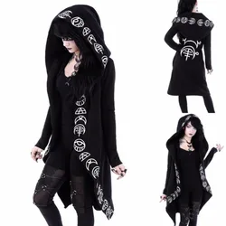 Gothic Punk Long Hoodies Women Sweatshirts 2023 Halloween Moon Print Long Sleeve Streetwear Women's Loose Coat Hooded Cardigan